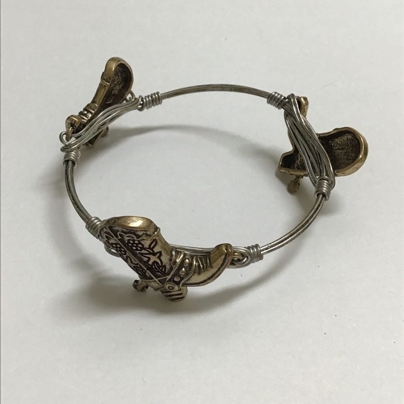 Western Bangle Bracelet Barbed Wire Look Cowboy Boot Charm Mixed Metal Boho NEW - Picture 3 of 6